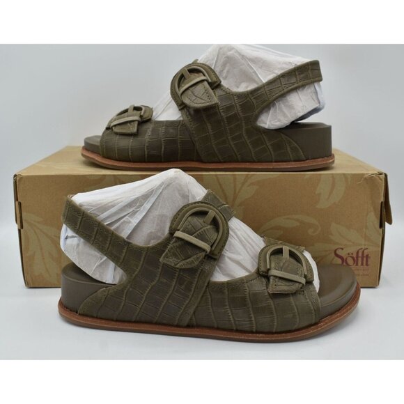 Sofft Womens Size 11 Adalia Olive Buckle Croc Embossed Suede Leather Sandals - Picture 3 of 11